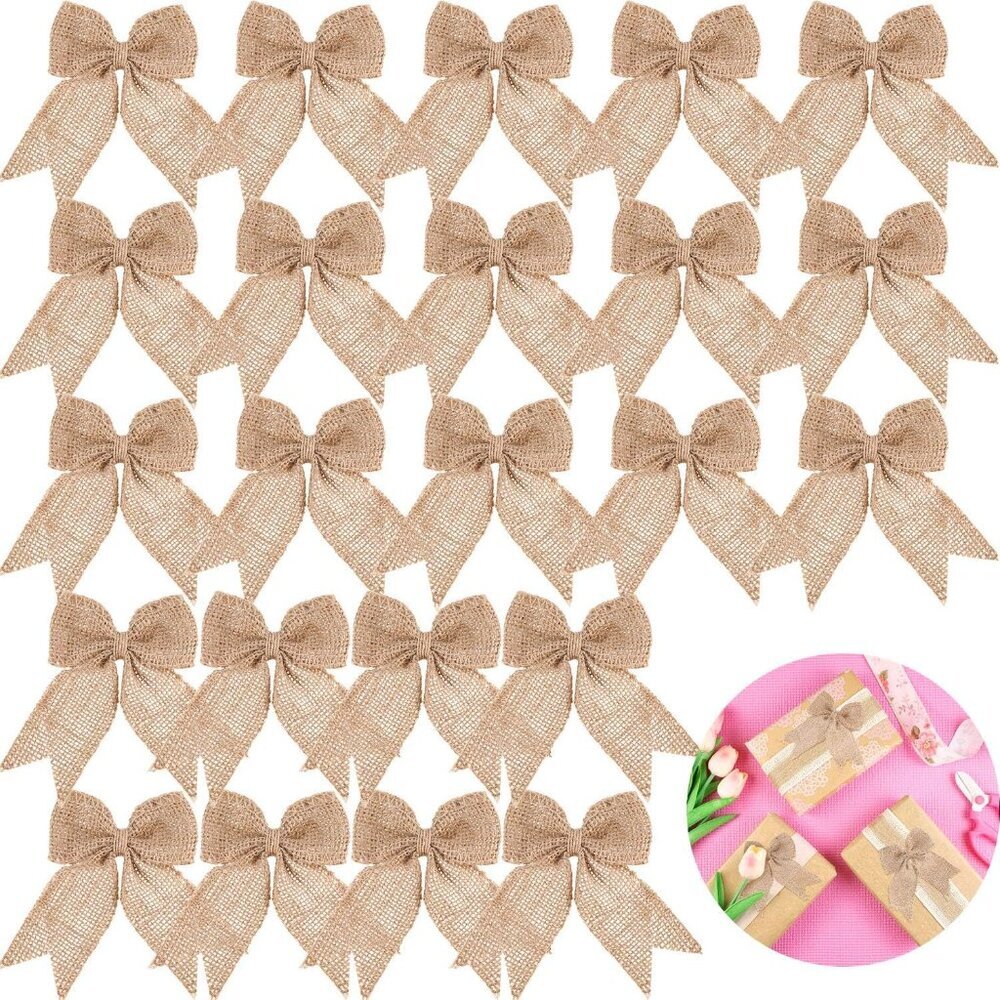 30 Pcs Burlap Bows Christmas Knot Handmade Ribbon Natural Rustic Burlap Bows Wre